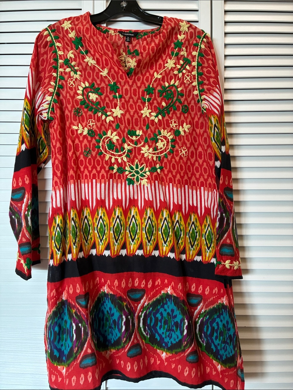 J. Peterman Red Long-Sleeve Embroidered Printed Tunic Dress